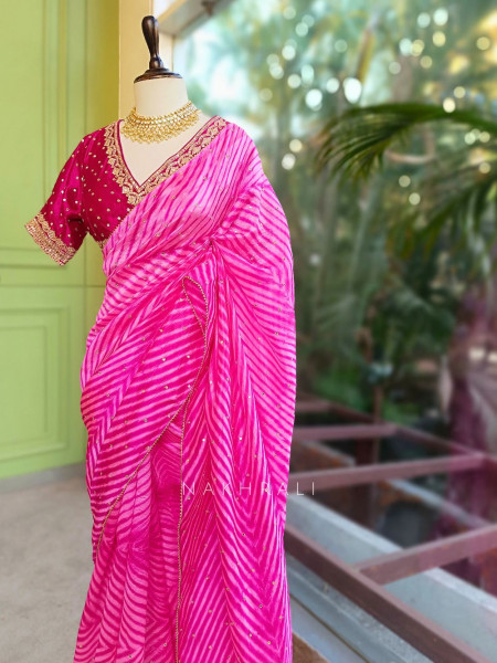 Rangili Pink Leheriya Saree with Gota Work Blouse