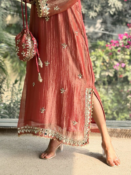 Poise Gajari Tissue Long Dress with Mirror and Zari Work