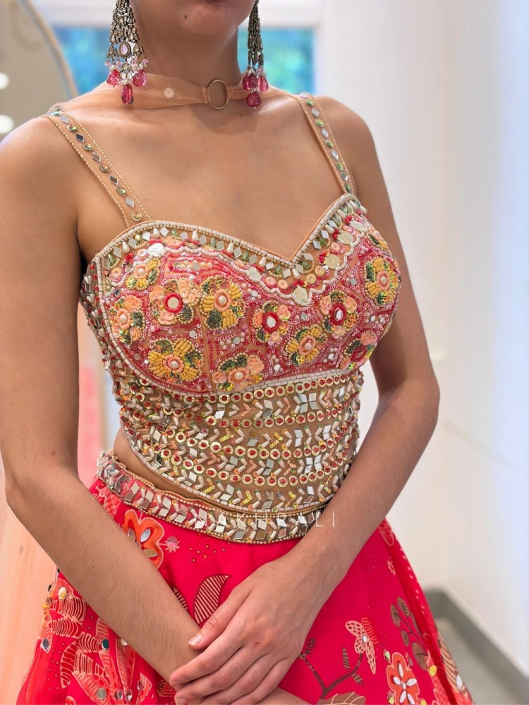 Image of Gulab Magenta Floral Print Lehenga with Mirror Pearl Work