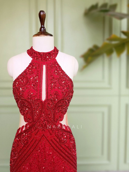 Red Net Gown with Sequin and Cut Dana Work