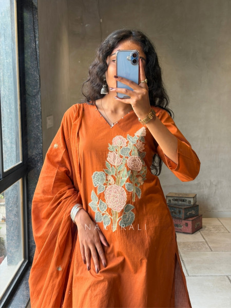 Tavira Orange Embroidered Floral Kurta Pant Set with Dupatta