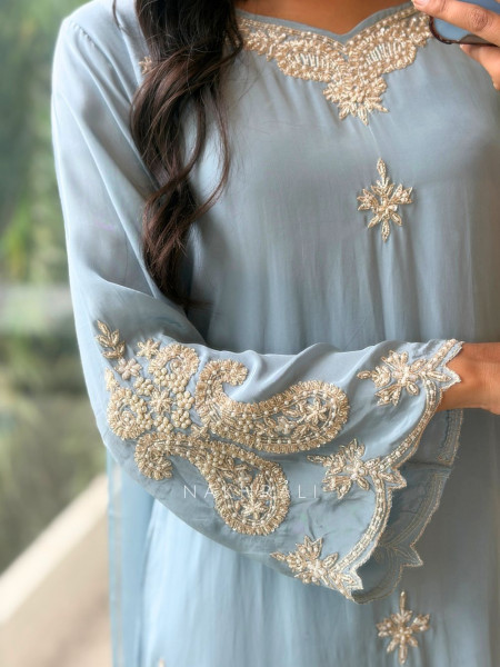 Suvira Grey Georgette Straight Suit Set