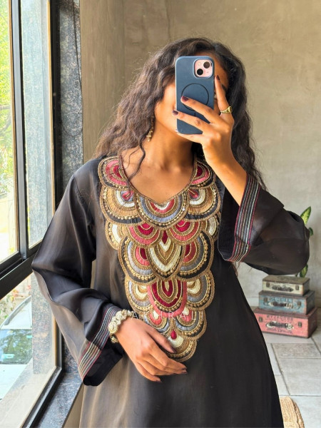 Zuri Black Chanderi Silk Kurta Palazzo Set