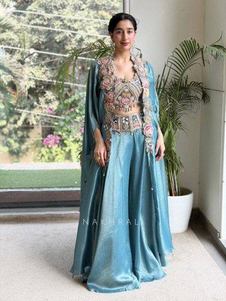 Arabesque Teal Blue Indo-Western Crop Top Palazzo Set with Cape Jacket