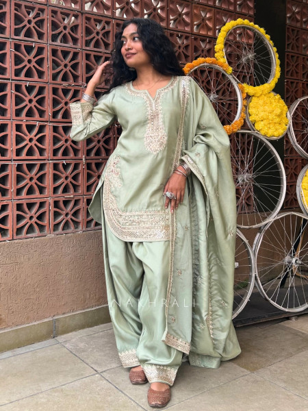 SereneGlow Pista Green Chanderi Satin Silk Suit Set
