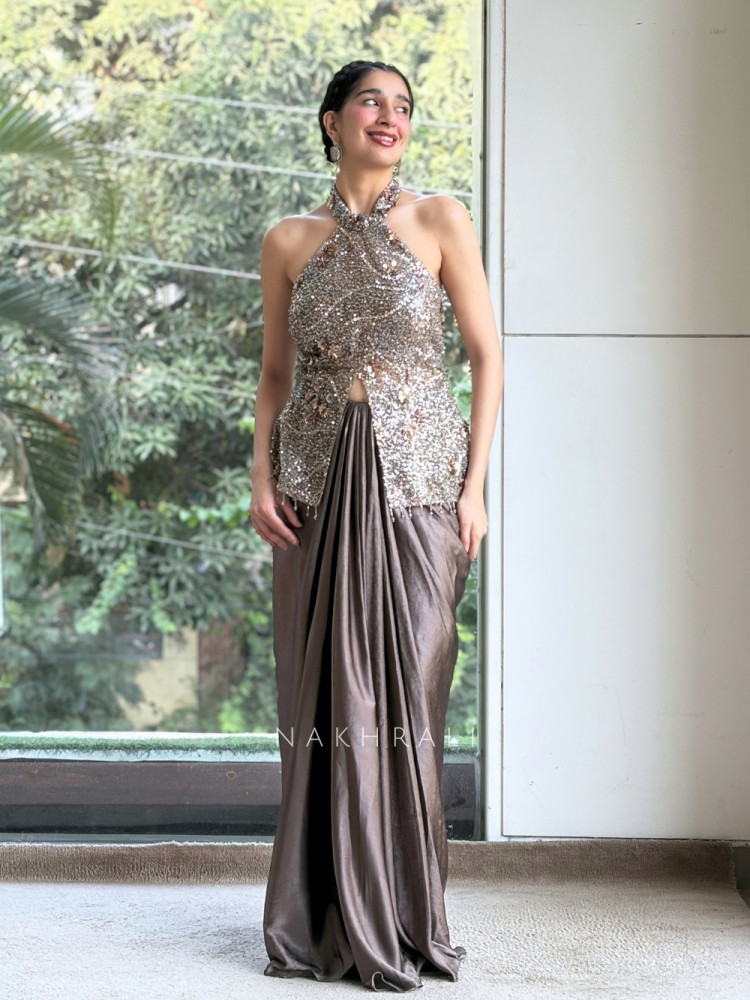 Image of Mink Metallic Grey Indo-Western Peplum Draped Skirt Set