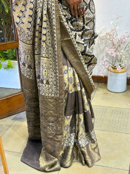 Earthbound Brown Dola Silk Ajrakh Printed Saree