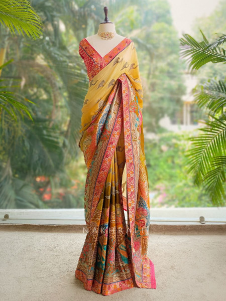 Gulzar Yellow Dola Silk Printed Saree with Brocade Border