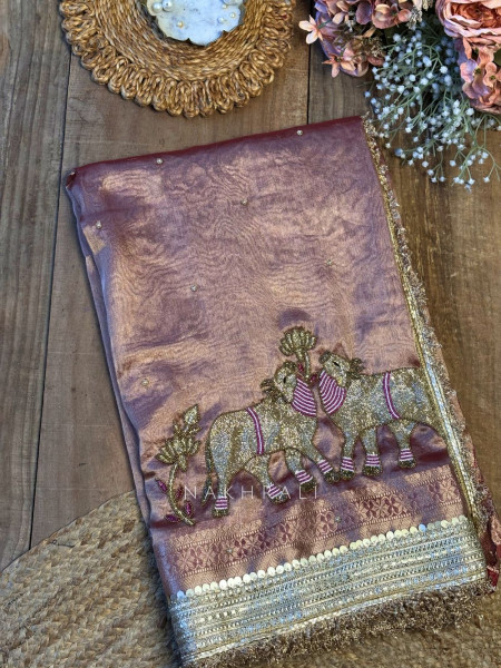 Vraj Ras Wine  Banarasi Tissue Silk Saree – Hand Embroidery & Zari Border