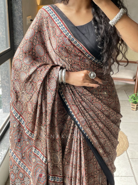 Surmayee Black Modal Saree Traditional Print with Running Blouse Piece