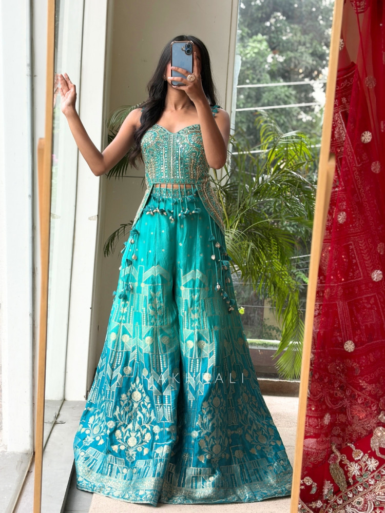 Image of Tangerine Firozi Banarasi Brocade Sharara Set with Cowrie Shell Blouse