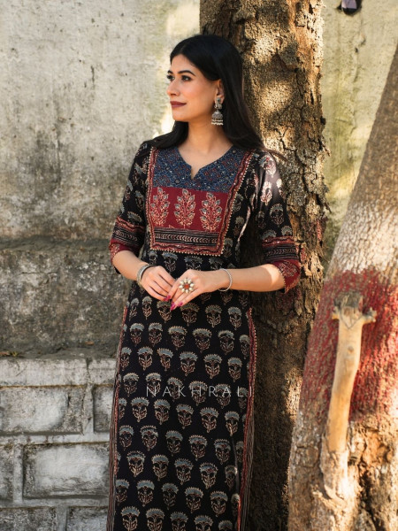 Niloufar Black Cotton Kurta with Sequin Patch Work