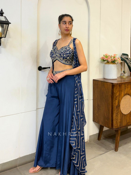 Nirvika Navy Blue Embroidered Crop Top Palazzo Set with Shrug