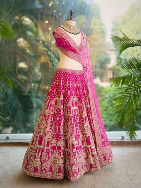 Aarunya Magenta Silk Bridal Lehenga with Zardozi & Sequin Detailing