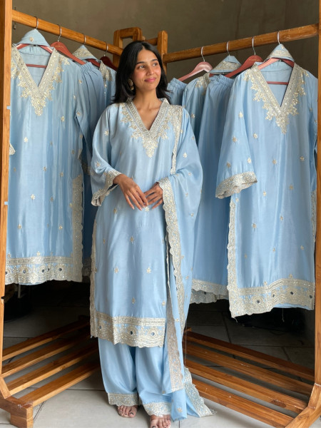 Neel-Chhaya Powder Blue Chanderi Silk Suit Set