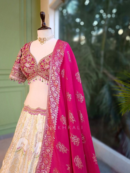 Marvena Magenta White Brocade Lehenga Set with Embroidery Work