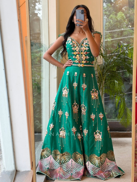 Viana Tassel Rama Green Raw Silk Blend Indo-Western Jumpsuit