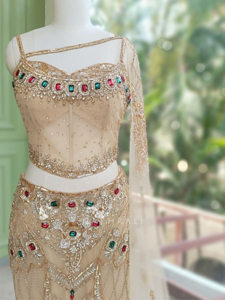 Sunehera Golden Net Mermaid Lehenga Set with Zardozi and Navratan Stone Work
