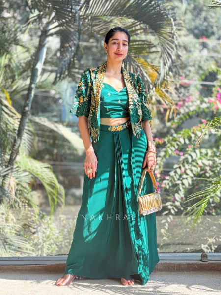 Elysia Green Sequin & Mirror Work Indo-Western Set with Embellished Jacket