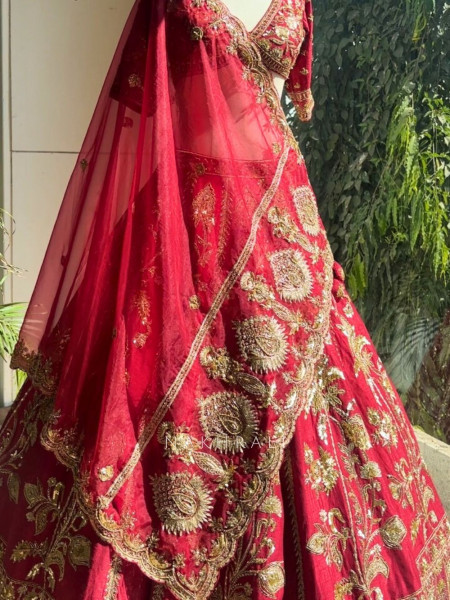 Svarika Red Zari Sequin Bridal Lehenga Set