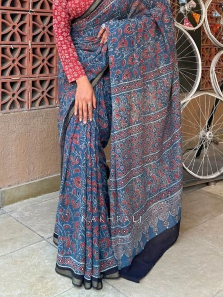 Gatha Indigo Blue Kota Doriya Saree with Ajrakh-Inspired Floral Print