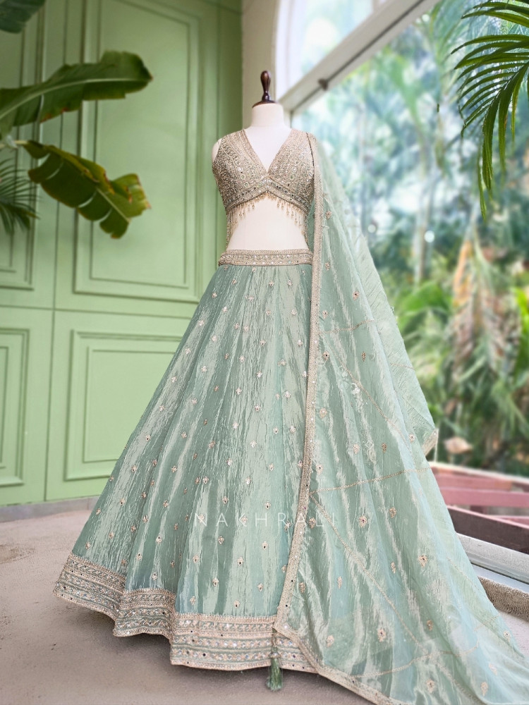 Image of Moonfern Pista Green Crushed Tissue Silk Lehenga Set