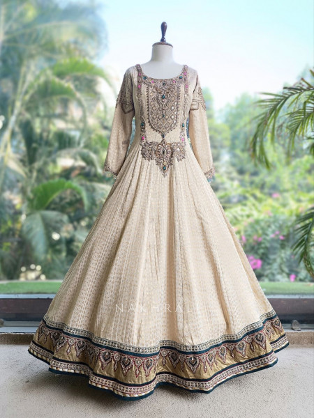 Ratna Cream Banarasi Silk Anarkali Suit Set with Green Border & Zardozi Mirror Work