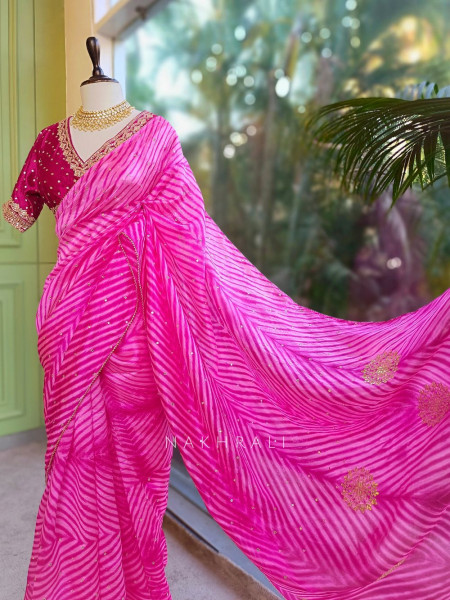 Rangili Pink Leheriya Saree with Gota Work Blouse