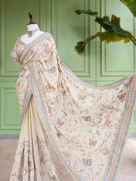 Sia Cream Saree with Butterfly Embroidered Blouse Work