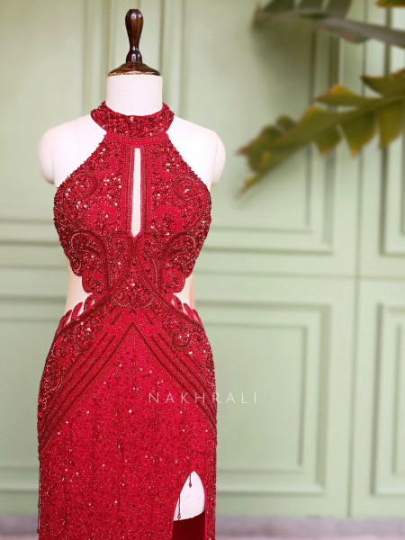 Red Net Gown with Sequin and Cut Dana Work