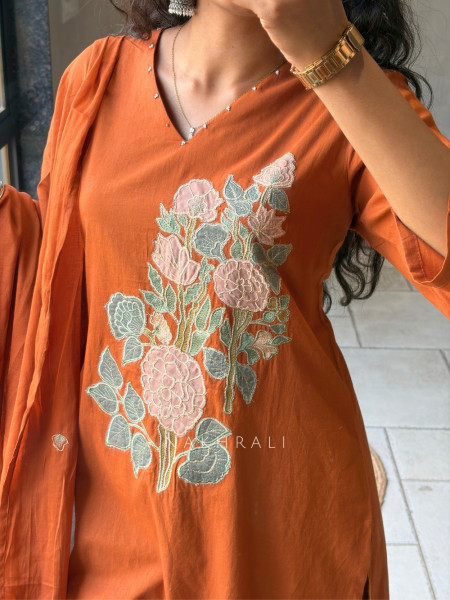 Tavira Orange Embroidered Floral Kurta Pant Set with Dupatta