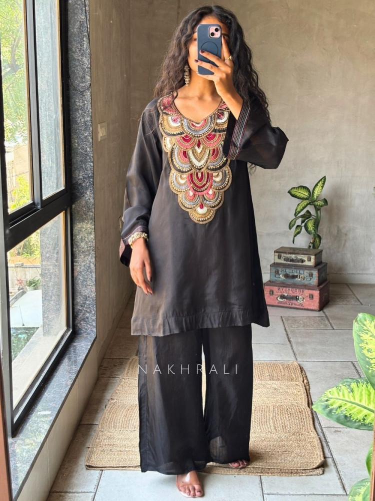Image of Zuri Black Chanderi Silk Kurta Palazzo Set