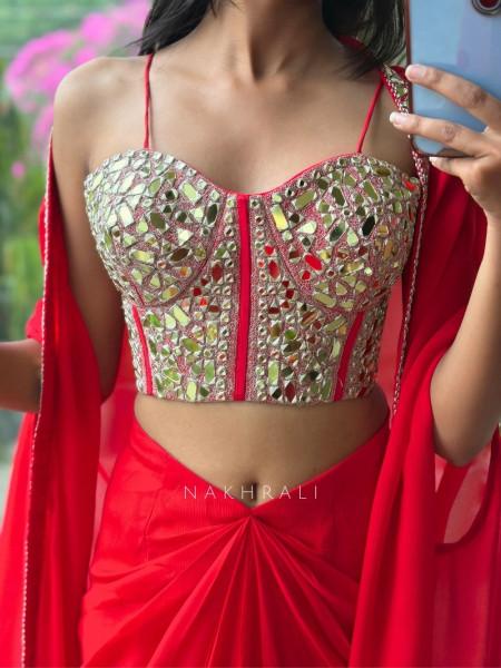 Glimmering  Red Georgette Crop Top Dhoti Skirt Set with Cape