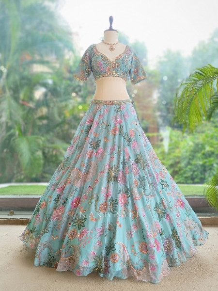 Ethereal Firozi Organza Silk Lehenga Set