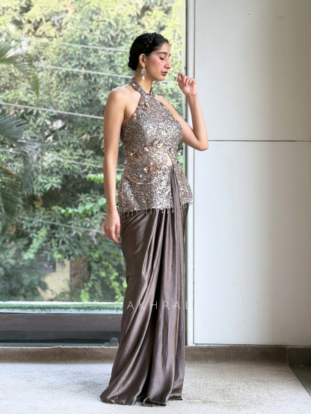 Mink Metallic Grey Indo-Western Peplum Draped Skirt Set