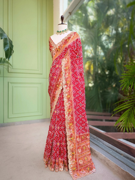 Zoraya Red Ghatchola Saree with Elephant Motif Border
