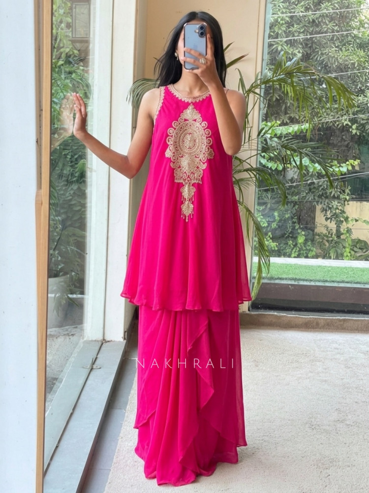Image of Royal Shield Magenta Viscose Georgette Indo-Western Drape Skirt Set