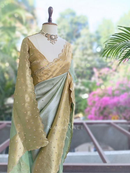Kamali Pista Green Saree with Mirror Work