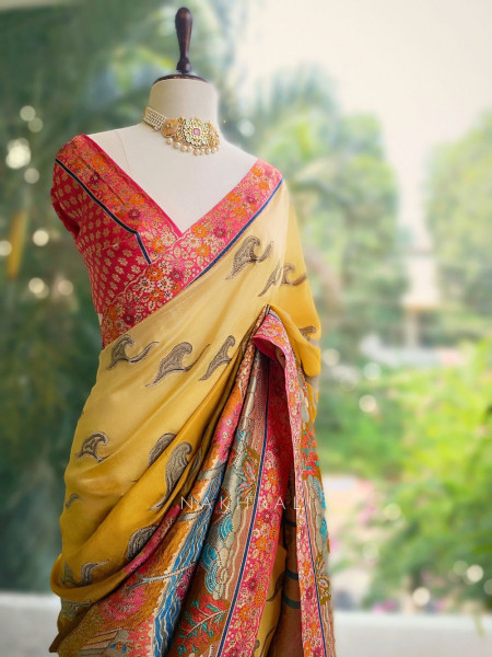 Gulzar Yellow Dola Silk Printed Saree with Brocade Border