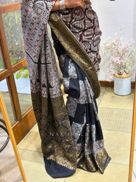 Earthbound Black Dola Silk Ajrakh Printed Saree
