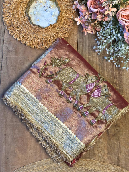 Vraj Ras Wine  Banarasi Tissue Silk Saree – Hand Embroidery & Zari Border