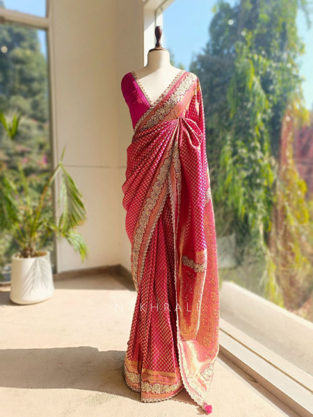 Suhagan Red Brocade Silk Saree with Zari and Sequin Work