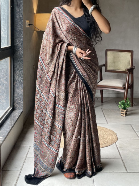 Surmayee Black Modal Saree Traditional Print with Running Blouse Piece