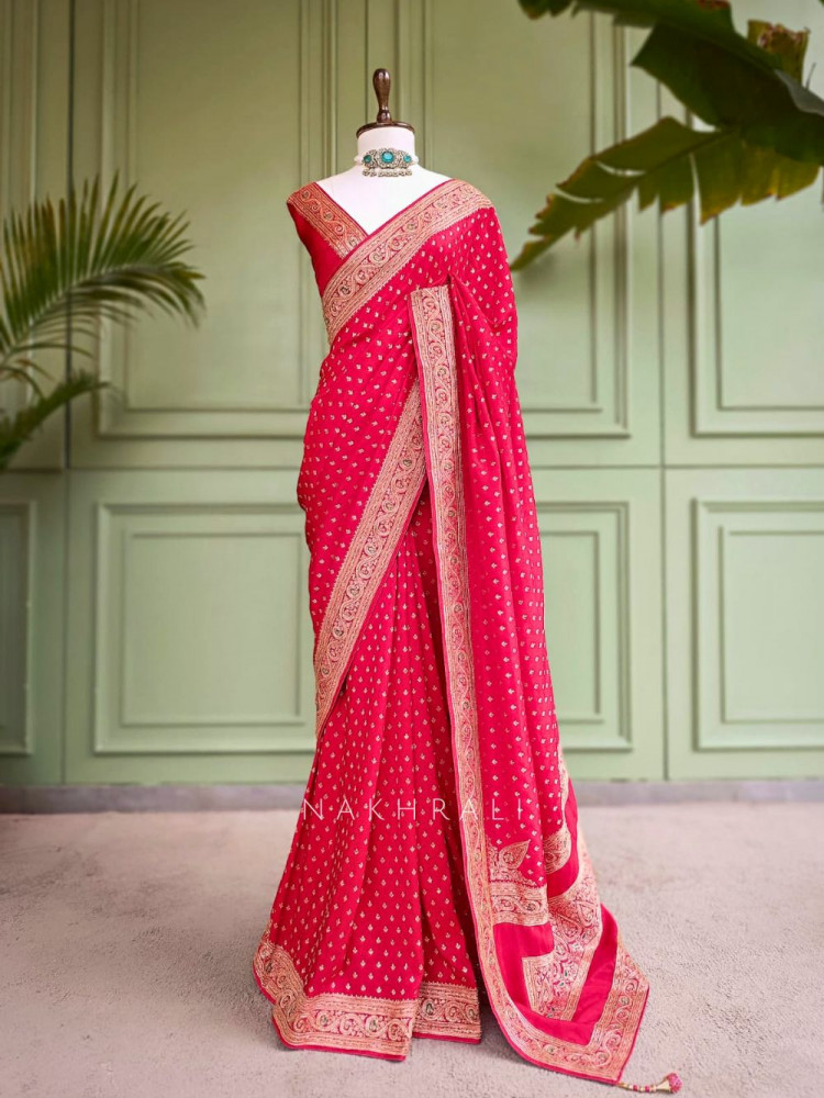 Image of Raaj-Kamal Red Saree with Golden Zari Detailing