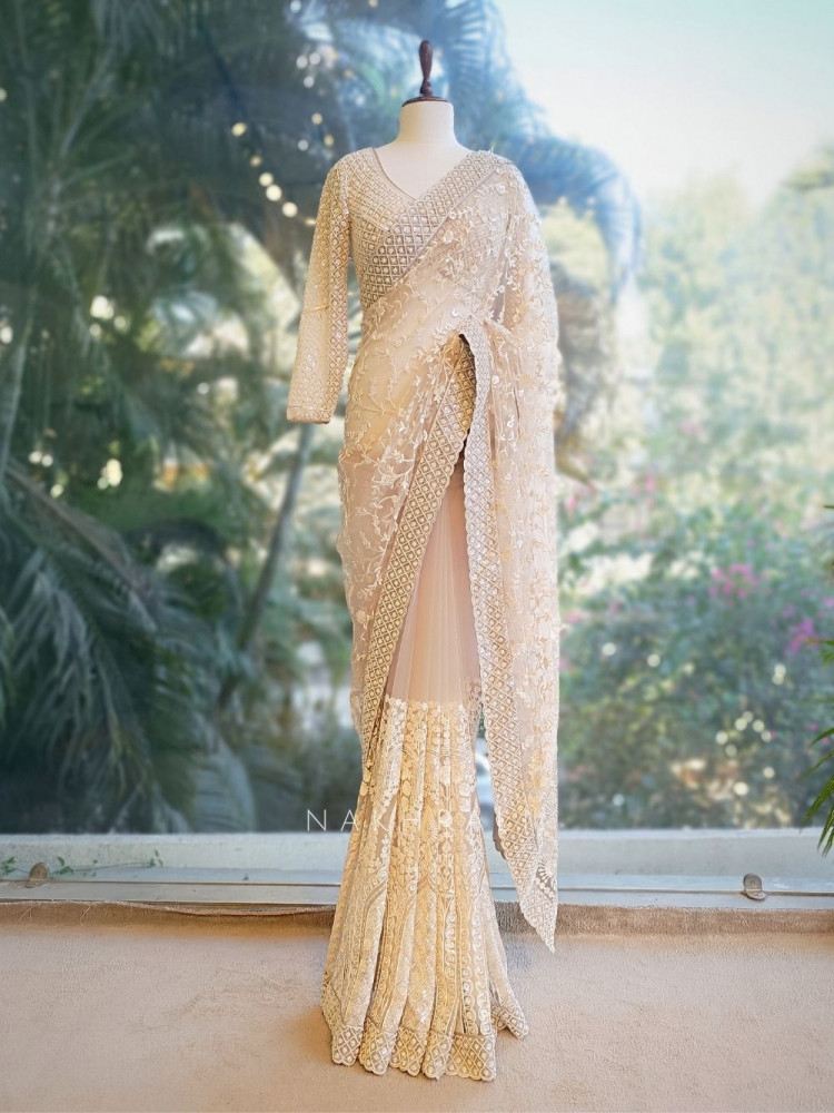 Image of Ivory Sand Embroidered Net Saree with Readymade Blouse