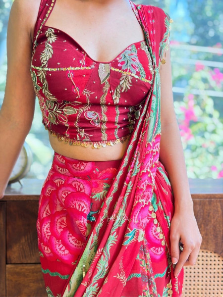 Vallari Maroon Floral Drape Saree Set