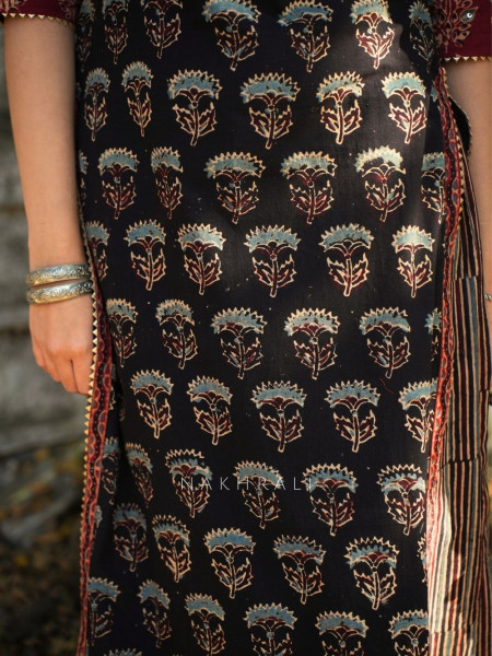 Niloufar Black Cotton Kurta with Sequin Patch Work