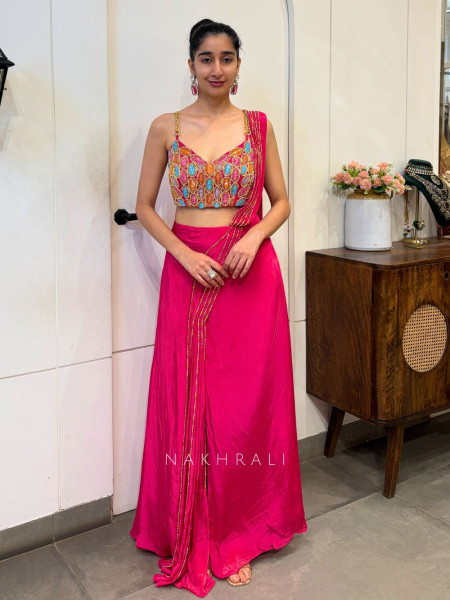Meira Magenta Embroidered Drape Saree