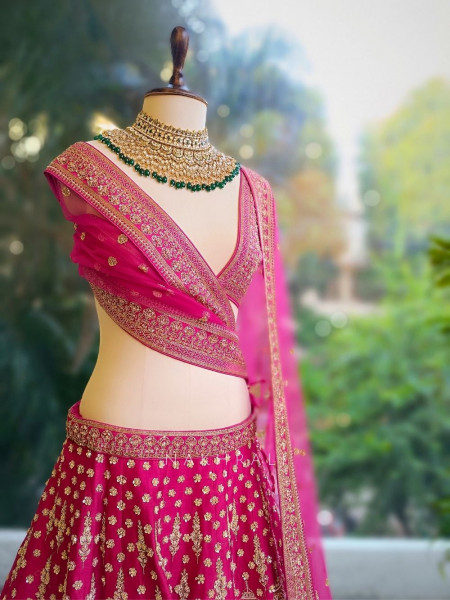 Aarunya Magenta Silk Bridal Lehenga with Zardozi & Sequin Detailing