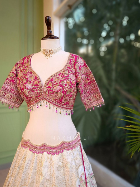 Marvena Magenta White Brocade Lehenga Set with Embroidery Work